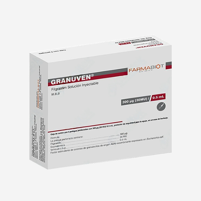 GRANUVEN ® Filgrastim 300 mcg / 0.5mL - Caja con 5 jeringas prellenadas.